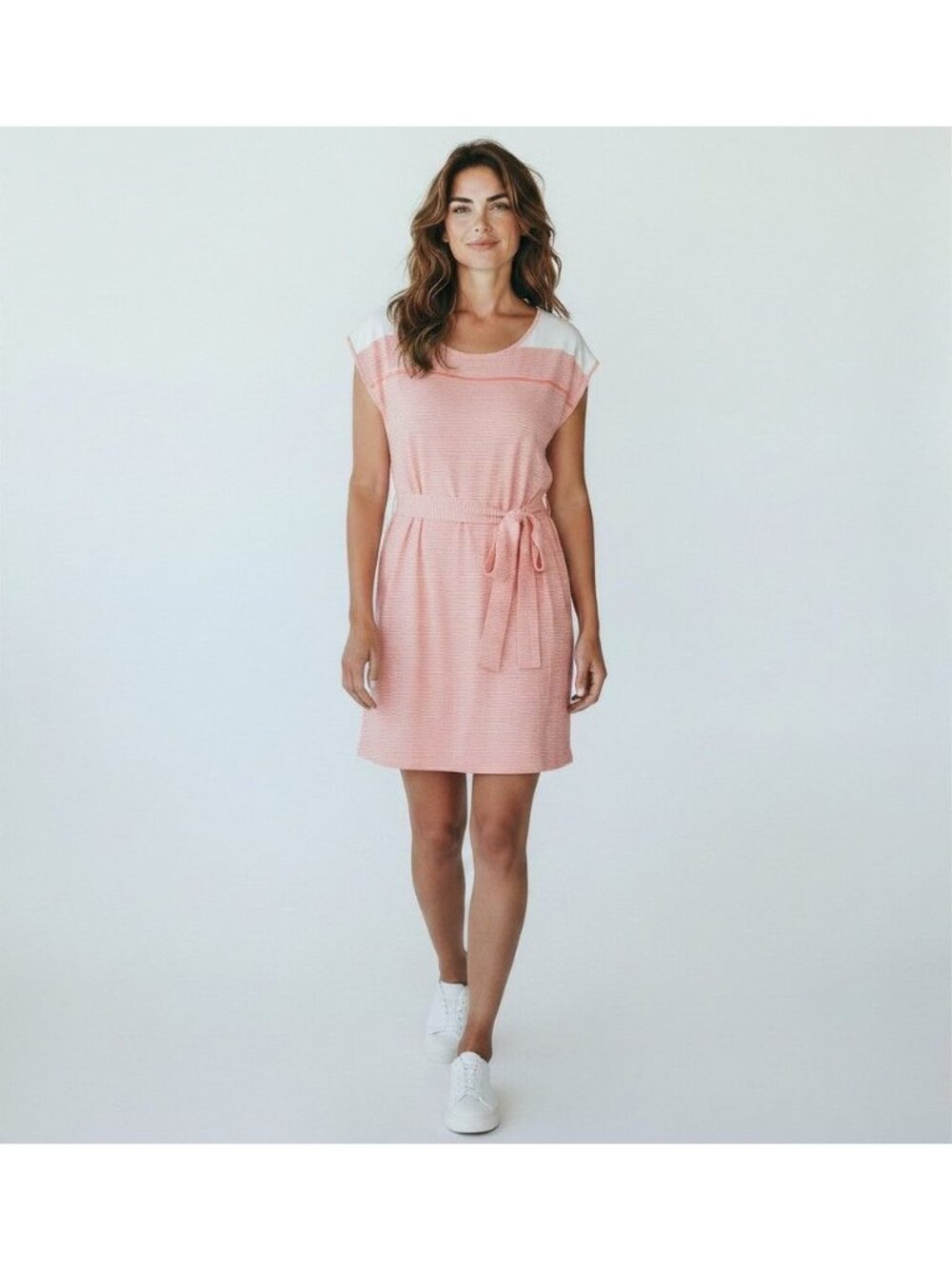 Lane Bryant Womens Striped Pink & White Midi Dress14/16 Scoop Neck Belted Rayon
